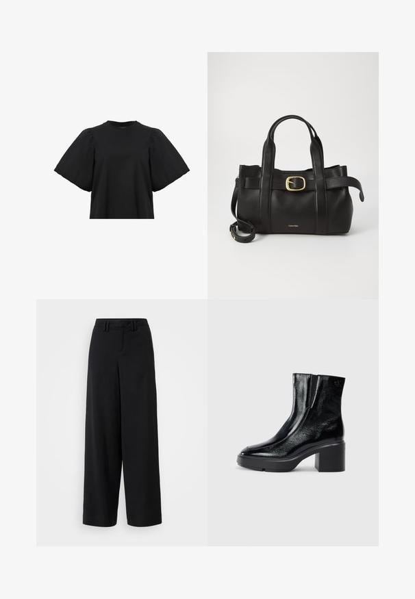 AllSaints JESS TEE - Blouse - black; Black wide-leg trousers made of smooth fabric, featuring a flat-front design, pleated details, and belt loops at the waistband.; Black patent leather ankle boots with a curved toe, elastic side panels, and a chunky block heel. Features embossed logo on the back.; Black leather handbag featuring a structured design, dual top handles, gold-tone buckle accent, and embossed brand logo at the front.