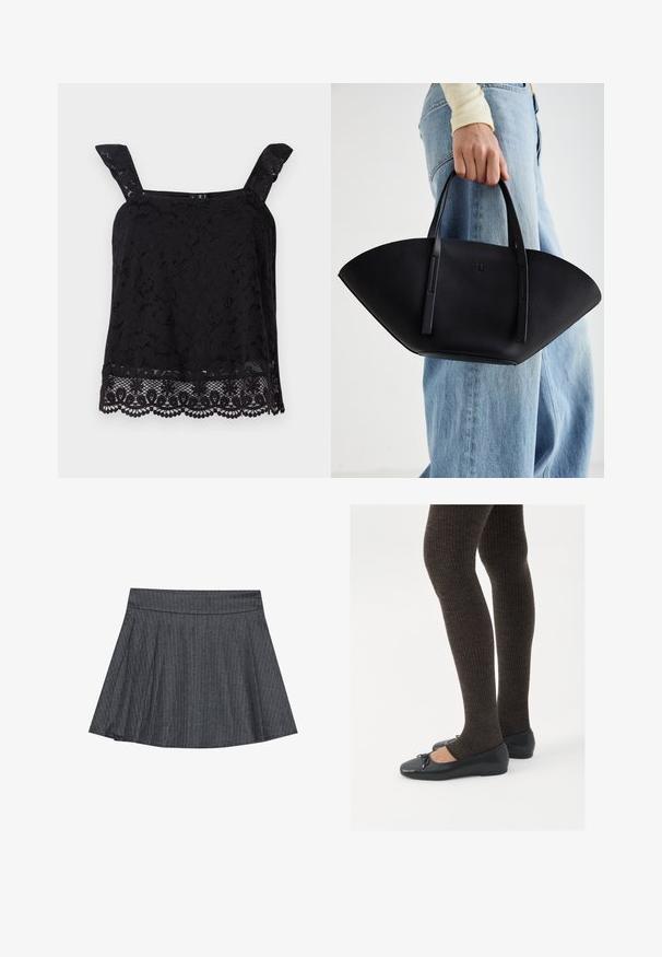 Top de renda preta com alças largas, padrão floral, bainha com babados e tecido texturizado. Apresenta detalhes intrincados na borda inferior.; Saia skater cinza com riscas finas, com uma cintura ajustada, forma em A evasé e textura de tecido suave. Linhas verticais aumentam o interesse visual.; Sapatos planos pretos com um pequeno laço na ponta, emparelhados com meias-calças caneladas castanhas escuras. Os sapatos têm uma textura suave e um design discretamente baixo.; Bolsa de mão em couro preto com uma forma única em leque, apresentando alças planas. A superfície tem uma textura pebble e um design minimalista.
