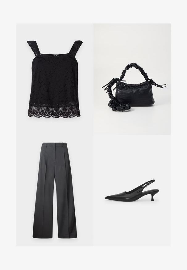 Black lace top with wide straps, floral pattern, scalloped hem, and textured fabric. Features intricate detailing at the bottom border.; Wide-leg trousers in dark gray fabric, featuring a high waist, single pleats, and a smooth texture with a clean finish at the hems.; Black leather slingback shoe with a pointed toe and a slim, curved heel. Features a discrete adjustable strap with a metal buckle.; Black faux leather handbag with a crocodile texture, cinched top, and a scrunched strap. Appears soft and compact in design.