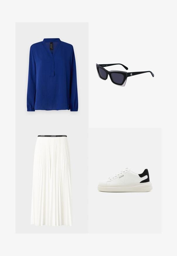 Marc Cain Μπλούζα - royal blue; Κοντή πλισέ λευκή φούστα με μαύρη ελαστική ζώνη που φέρει το λογότυπο "LACOSTE". Σχεδίαση μεσαίου μήκους με μαλακή υφή.; Λευκά δερμάτινα αθλητικά παπούτσια με χοντρή λευκή σόλα, μαύρη σουέτ λεπτομέρεια στην φτέρνα και ανάγλυφο λογότυπο στο πλάι. Σχέδιο με κορδόνια και έξι θηλιές.; Μαύρα υπερμεγέθη γυαλιά ηλίου με γεωμετρικό σχήμα, διαθέτοντας σκούρους φακούς και αντίθεση γκρίζα λεπτομέρεια στη σκελετό. Λογότυπο στον βραχίονα.