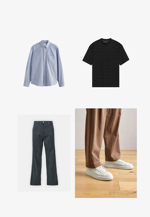 Maglietta azzurra a maniche lunghe in cotone, con colletto button-down, sei bottoni e taschino sul petto, dal tocco morbido.; T-shirt nero a maniche corte con sottili righe orizzontali bianche. Realizzato in tessuto morbido con scollatura rotonda e vestibilità comoda.; Pantaloni neri con taglio dritto, realizzati in tessuto misto cotone. Presentano una chiusura con bottone metallico e tasche laterali. Nessun motivo visibile.; Persona che indossa sneakers bianche testurizzate a bassa altezza e pantaloni larghi marroni, in piedi su un pavimento in legno chiaro.