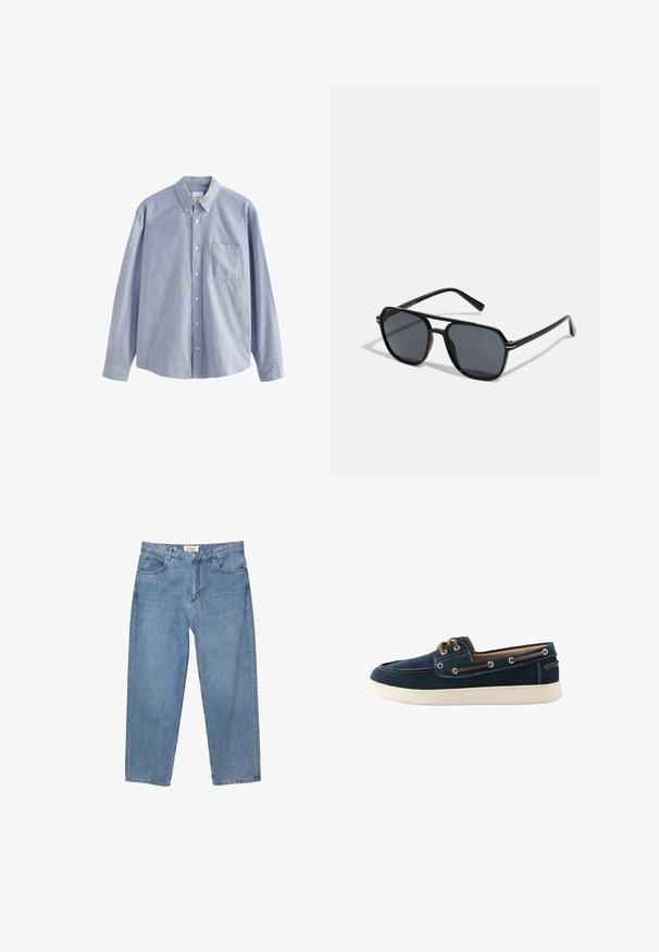 Cămașă cu mânecă lungă, de culoare albastră deschisă, din bumbac, având guler cu nasturi, șase nasturi și o buzunară la piept cu o textură moale.; Tricou alb din bumbac, cu guler rotund și mâneci scurte, având o croială lejeră și o textură netedă, fără modele sau grafică vizibile.; Jeans din denim albastru deschis, cu croială dreaptă, design cu cinci buzunare și o etichetă de brand vizibilă la talie.; Pantofii de bărbați de tip boat, de culoare albastru marin, din material textil, cu cusături albe și talpă din cauciuc. Prezintă șireturi și ochiuri maro. Design cu vârf rotunjit.; Ochelari de soare negri cu ramă octogonală, lentile întunecate, finisaj lucios, temple subțiri și accente aurii în partea din față.