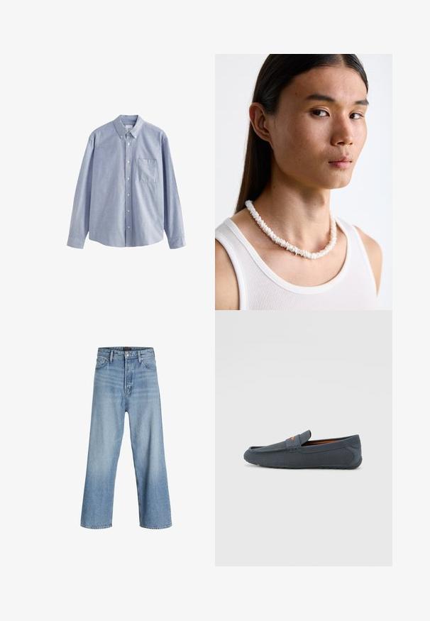 Gaiši zila garām piedurknēm krekliņš, izgatavots no kokvilnas, ar pogām zem kakla, sešām pogām un krūšu kabatu ar mīkstu tekstūru.; Gaiši zili plaša kāju džinsi, kas izgatavoti no denima, ar augstu jostasvietu, klasisku piecu kabatu dizainu un pogu aizdari ar rāvējslēdzēju.; Pelēki perforēti loafers ar iebūvētu dizainu, kas izceļas ar oranžu akcentu, noapaļotu purngalu un teksturētu gumijas zoli.; Balta čaulu kaklarota, kas sastāv no neregulārām formām, valkāta virs pieguļošas baltas topiņas. Gluda tekstūra ar smalku spīdumu, cieši piegulošs dizains.