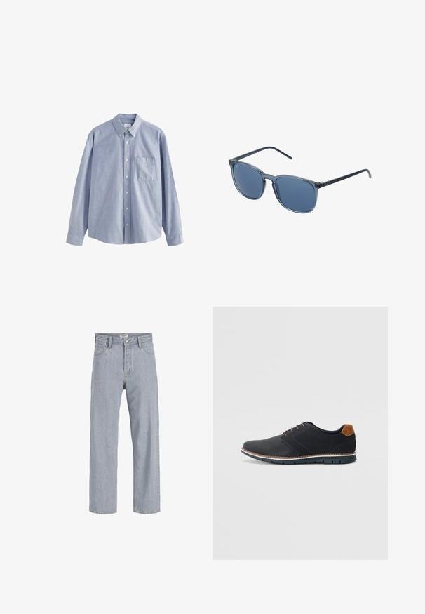 Vaaleansininen pitkähihainen paita, joka on valmistettu puuvillasta. Paidassa on nappikaulus, kuusi nappia ja rintatasku, jossa on pehmeä rakenne.; Vaaleansiniset farkut rento istuvuus, suorat lahkeet, näkyvät saumat, kaksi etutaskua ja napitus.; Mustat synteettiset kengät, joissa on teksturoitu päällinen, sileät yksityiskohdat, ruskea kanta ja erottuva pohja. Ominaisuuksina minimaalinen nauhoitus ja ompeluyksityiskohdat.; Siniset suorakaiteen muotoiset aurinkolasit, joissa on harmaasävyiset linssit, muovikehys, metalliset yksityiskohdat ja matta viimeistely varsissa.