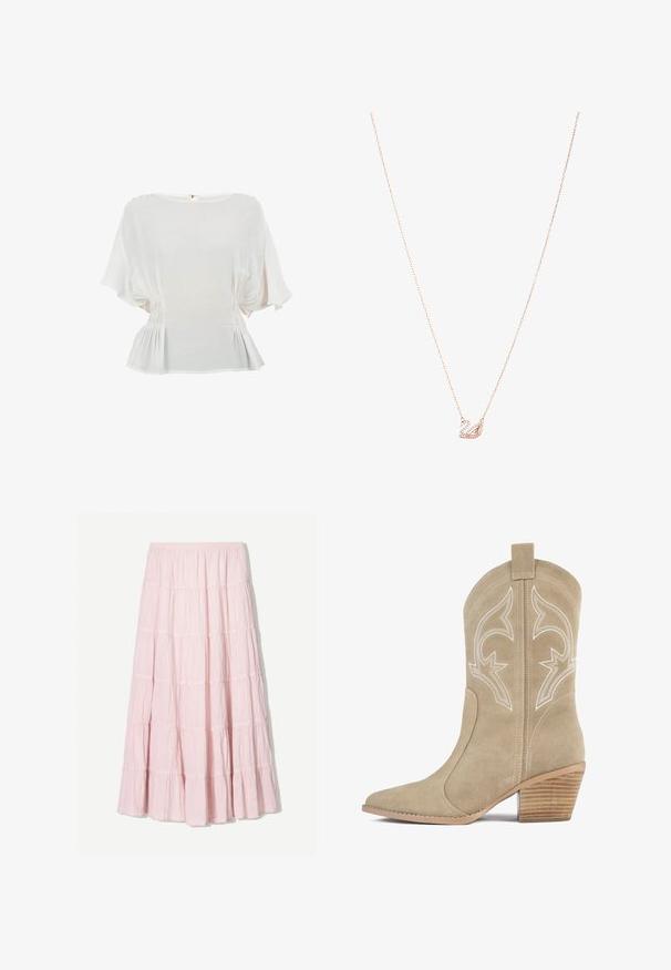 Witte blouse met korte mouwen en een ronde halslijn, met plooidegsel aan de zijkanten en een peplumzoom. Gemaakt van lichte stof met een zachte textuur.; Lichtroze, gelaagde maxi-rok van een gestructureerde, lichte stof. Elastische tailleband en vloeiende zoom met ruches.; Beige suède cowboylaars met puntige neus, decoratieve witte stiksels en een gestapelde houten hak. Heeft een lus aan de achterkant.; Roségouden ketting met een zwaan hanger, versierd met heldere kristallen. De ketting heeft een verfijnd schakeldesign.