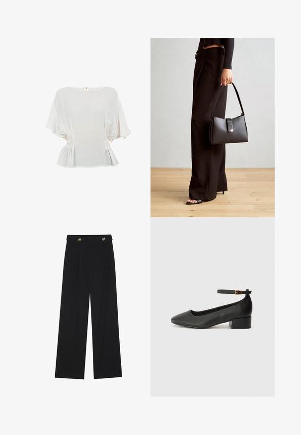 Valge lühikeste varrukatega pluus ümmarguse kaelusega, kogutud külje detailide ja peplum-äärisega. Valmistatud kergest kangast, millel on sile tekstuur.; Mustad laiad püksid kõrge vöökoha ja nööpdetailidega vööandil, esikortsudega.; Must mustaapp, millel on terav nina ja madal blokk-kand. Omab pahkluu rihma koos kuldse tooni pandlaga. Sile tekstuur.; Must musta kott, millel on struktureeritud kuju, sile tekstuur ja metallist klamber. Kombineeritud laiate mustade pükstega ja avatud varvaste sandaalidega puidust põrandal.