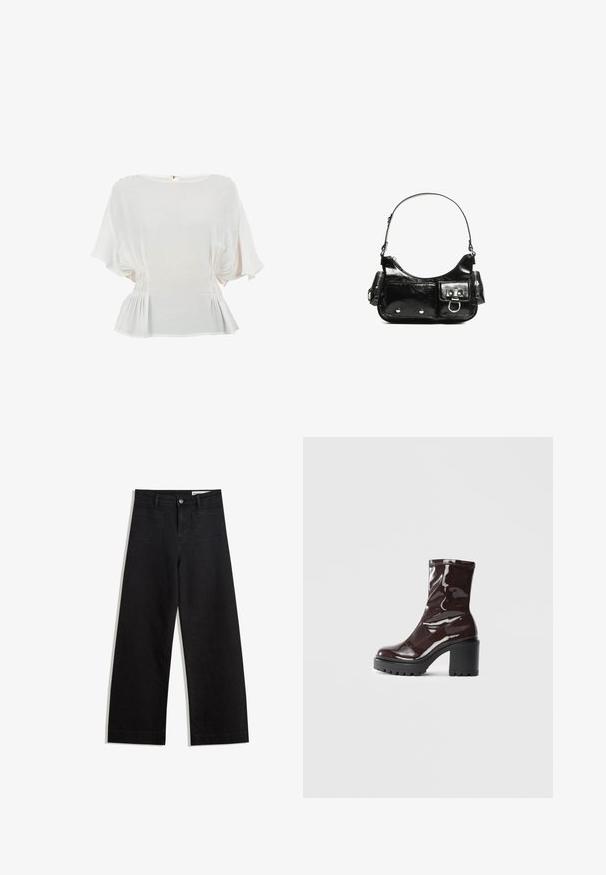 Hvid kortærmet bluse med rund halsudskæring, indsamlet detaljering på siderne og peplum nederdel. Lavet af letvægtsstof med en glat tekstur.; Sorte wide-leg denim bukser med høj talje, der har front- og baglommer, syede sømme og en knaplukning. Glat tekstur.; Glatte burgunder ankelstøvler med en chunky sort hæl, der har en glat tekstur og et simpelt design. Ingen synlige lukninger eller mønstre.; Sort patenteret læder håndtaske med en buet form, en skulderrem, frontlommer og hardware accenter i sølvfarve.