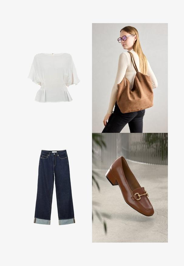 Weißes kurzärmeliges Blusenshirt mit rundem Ausschnitt, Raffung an den Seiten und einem schmalen Saum. Hergestellt aus leichtem Stoff mit glatter Textur.; Dunkelblaue, weit geschnittene Jeans mit hoher Taille, ausgestattet mit aufgerollten Säumen, Kontrastnähten und einem Fünf-Taschen-Design. Hergestellt aus Denim-Stoff.; Braune Lackleder-Loafer mit quadratischer Zehenpartie, metallischem Kettenakzent und niedrigem Blockabsatz; glatte Textur, minimalistisches Design.; Braune Wildleder-Tasche mit weicher Textur, großer Öffnung und langen Trägern. Sie verfügt über ein simples Design mit sichtbarem Stich und ohne Beschläge.