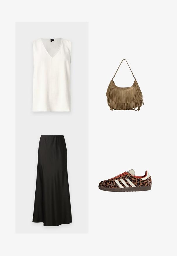 Bela brezrokavnica z V-izrezom, teksturirana tkanina in sproščen kroj. Brez vidnih vzorcev ali dodatkov. Preprost dizajn s čistimi linijami.; Črna satenska maxi krila z gladko teksturo, visokim pasom in razširjenim dnom. Ima preprost dizajn brez vidnih vzorcev ali kovinskih delov.; Teniske z leopardjim vzorom iz semiša, rdečimi vezalkami in tremi belimi črtami ob strani. Imajo kremasto barvo jezička in rjavo podplat.; Rjava zamskasta torbica z dolgimi resicami, ukrivljenim oblikovanjem in enim naramnim trakom. Ima gladko, teksturirano površino.