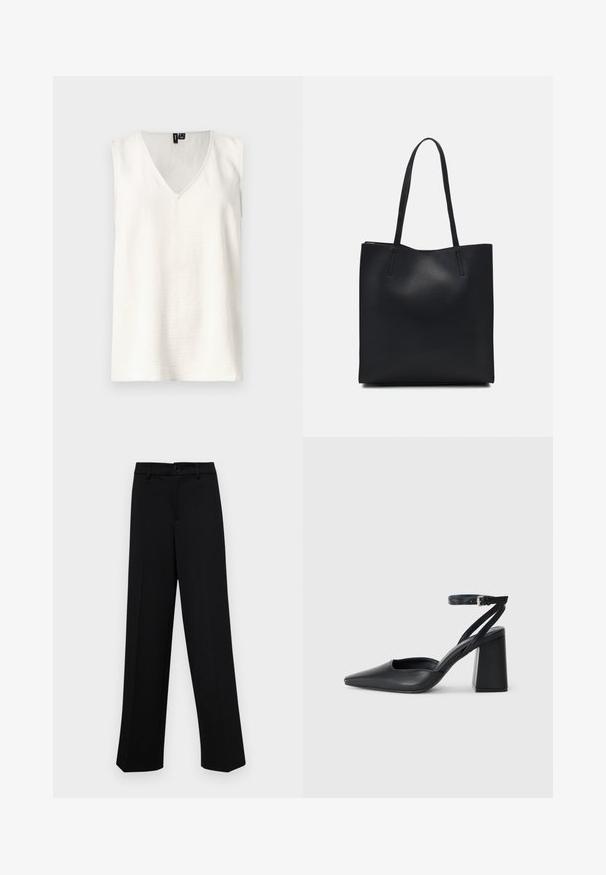 White sleeveless top with a V-neck, textured fabric, and relaxed fit. No patterns or hardware visible. Simple design with clean lines.; Black wide-leg trousers made of smooth fabric, featuring a classic waistband with a button closure and front pleats.; Black leather pointy-toe pump with an ankle strap and a chunky heel. Flat texture, sleek design, and minimalistic aesthetics.; Black leather tote bag with smooth texture, rectangular shape, and two long handles. No visible hardware or embellishments.