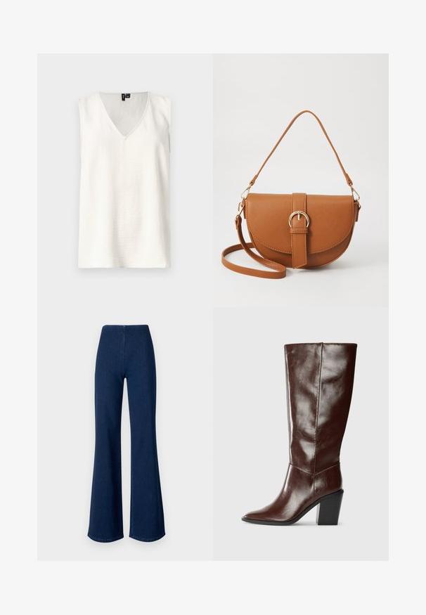 Hvit ermeløs topp med V-hals, teksturert stoff og løs passform. Ingen mønstre eller maskinvare synlig. Enkel design med rene linjer.; Mørkeblå svingbukser laget av denim med elastisk midje. Har en glatt tekstur og bred ben-design som strekker seg til kanten.; Høye, mørkebrune lærstøvler med spiss tå og stablet blokkhelt, vist fra siden på en enkel bakgrunn.; Brun lærcrossbody-veske med en buet form, gullhardware og et spenneakcent. Har en avtakbar skulderreim.