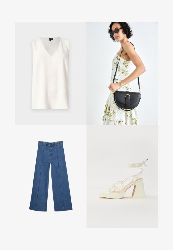 Hvid ærmeløs top med V-hals, tekstureret stof og afslappet pasform. Ingen mønstre eller hardware synlig. Enkel design med rene linjer.; Bredde ben denim jeans i mellemblå, med høj talje, knaplukning og kontrasterende lodrette sømdetaljer foran.; Hvide højhælede sandaler med en kraftig hæl, der har et stropdesign og ankelbinding. Glat tekstur med en platform foran for ekstra højde.; Sort læderhåndtaske med en buet form, aftagelig rem og guldfinish. Tasken har en klap med en spænde detalje.