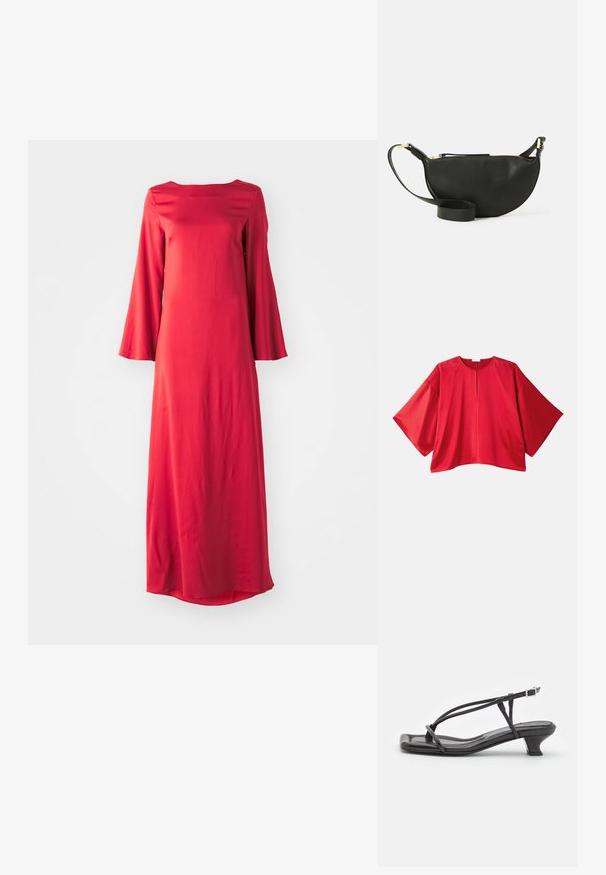 Top corto de manga corta rojo hecho de una tela suave. Presenta un corte amplio, escote barco y un detalle de abertura central. Diseño simple de color sólido.; Largo vestido rojo en tejido liviano, con escote barco y amplias mangas acampanadas. Textura suave con una silueta recta.; Sandal de cuero negro con tiras finas, tacón bajo cuadrado y punta cuadrada. Presenta un cierre de hebilla y una textura suave.; Bolso de cuero negro cruzado con forma de media luna, superficie texturizada, cierre de cremallera dorado y una correa plana. Diseño compacto adecuado para lo esencial.