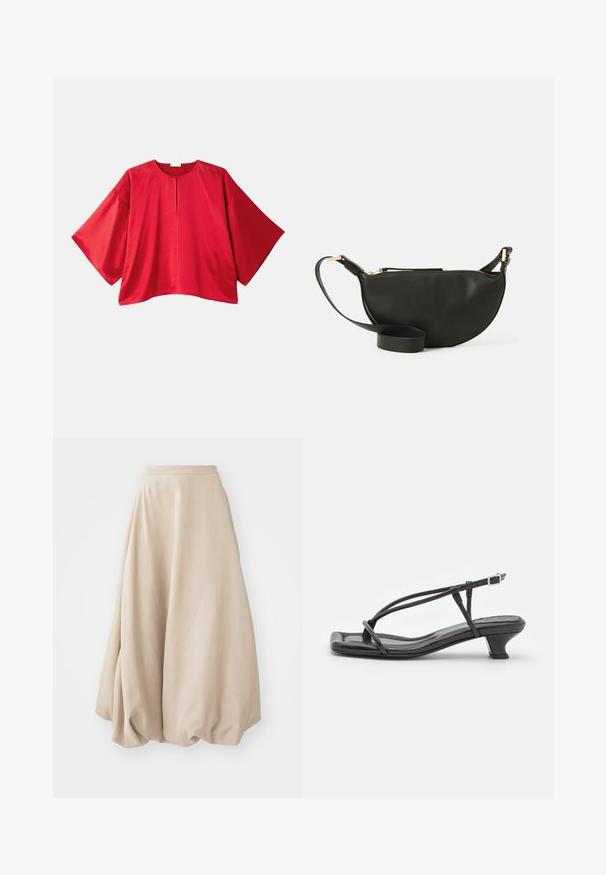 Czerwona bluzka z krótkim rękawem wykonana z gładkiego materiału. Posiada szeroki krój, dekolt w łódkę oraz centralne rozcięcie. Prosty, jednolity kolor.; Beżowa spódnica balonowa wykonana z miękkiego materiału. Posiada wysoki stan i objętośdowy krój z marszczonym wykończeniem u dołu.; Czarne skórzane sandały z cienkimi paskami, niskim blokowym obcasem i kwadratowym noskiem. Posiadają zapięcie na klamrę i gładką teksturę.; Czarna skórzana torba na ramię w kształcie półksiężyca, o teksturowanej powierzchni, ze złotym zamkiem błyskawicznym i płaskim paskiem. Kompaktowy design odpowiedni na najważniejsze rzeczy.; Srebrne kolczyki perłowe w zakrzywionym, fasolowym kształcie. Gładka, błyszcząca powierzchnia, z zamknięciem na stalowy szpikulec i zatyczkę.
