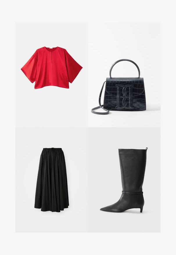 Red short-sleeve top made of smooth fabric. Features a wide cut, boat neckline, and a central slit detail. Simple, solid color design.; Black, ankle-length skirt made of lightweight fabric. Features a gathered waistband with a drawstring for adjustable fit and a flared silhouette.; Black leather knee-high boot with a pointed toe, accented by a circular strap around the ankle and a low, tapered heel. Smooth texture.; Black crocodile-embossed leather handbag with a structured design, top handle, adjustable strap, and a prominent front logo detail.