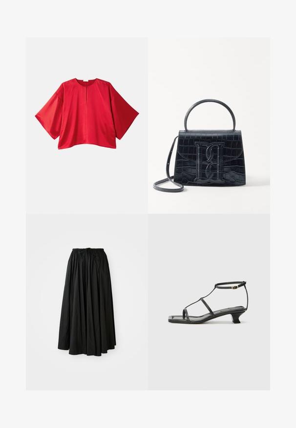 Rød kortærmet top lavet af glat stof. Har en bred skæring, bådudskæring og en central split-detalje. Simpelt design i ensfarvet.; Sort, ankellang nederdel lavet af letvægtsstof. Har en samlet talje med snor til justerbar pasform og en udbredt silhuet.; Sort lædersandal med firkantet tå, tynde stropper, justerbar ankelrem og en lav hæl. Har et lille gyldent element på stroppen.; Sort krokodillede læderhandbag med en struktureret design, top-håndtag, justerbar rem og et fremtrædende frontlogo.