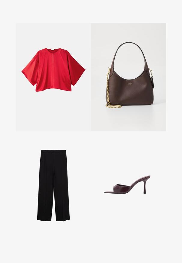 Rode top met korte mouwen van gladde stof. Heeft een brede snit, bootnek en een centrale splitdetails. Eenvoudig ontwerp in een effen kleur.; Zwarte wijde broek van een gladde stof, met plooien aan de voorkant en zijzakken, ontworpen met een rechte, relaxte snit.; Bordeaux hoge hakken mules met een vierkante neus, gemaakt van glad leer. Heeft een slank, minimalistisch ontwerp en een taps toelopende hak.; COACH BROOKLYN SHOULDER BAG 23 - Handtas - maple