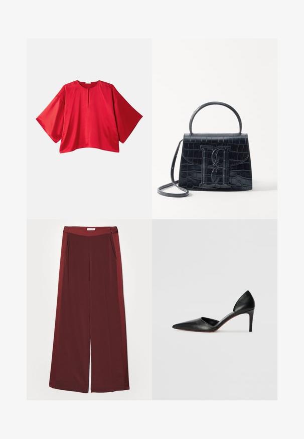 Haut rouge à manches courtes en tissu lisse. Présente une coupe large, un col bateau et un détail de fente centrale. Design simple et de couleur unie.; Pantalons amples bordeaux avec une texture lisse et douce, dotés d'une taille plate et de poches latérales. Design minimaliste sans matériel visible.; Escarpins noirs en cuir à talon haut avec un bout pointu, des côtés ouverts et une silhouette épurée. Ils disposent d'un talon fin et d'un accent de semelle rouge.; Sac à main en cuir noir embossé en crocodile avec un design structuré, une poignée supérieure, une bandoulière ajustable et un détail de logo en avant bien visible.