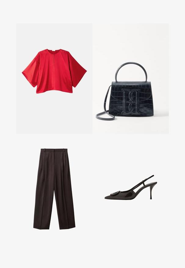 Crvena majica kratkih rukava izrađena od glatkog materijala. Karakterizira je široki kroj, dekolte u obliku čamca i središnji prorez. Jednostavan, jednobojni dizajn.; Široke hlače od tamnosmeđeg materijala. Značajke uključuju plisse sprijeda, pojas s petljama za remen i bočne džepove. Glatka tekstura.; Crne lakirane slingback cipele s oštrim vrhom, minimalističkim dizajnom, malim okruglim akcentom na prednjem dijelu i uskim potpeticama.; Crna torba od krokodilne kože s uzorkom, strukturiranog dizajna, gornjom ručkom, podesivom trakom i istaknutim logotipom sprijeda.