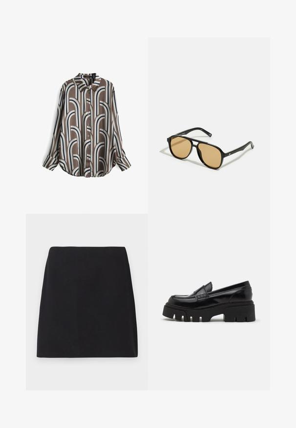 Button-up shirt made of smooth fabric featuring a brown background with alternating white and navy arch patterns, long sleeves, and a spread collar.; Black mini skirt, straight cut, smooth fabric texture, no visible patterns or embellishments, clean edges, no hardware. Simple design.; Black leather loafers with a chunky textured platform sole and a decorative strap across the upper. Smooth, glossy finish.; Black sunglasses with brown tinted lenses; rectangular shape with a thick frame, including subtle hardware accents on the temples.; Brown woven clutch bag with a textured finish, gold-tone hardware, and decorative studs along the edges. Features a chain strap.