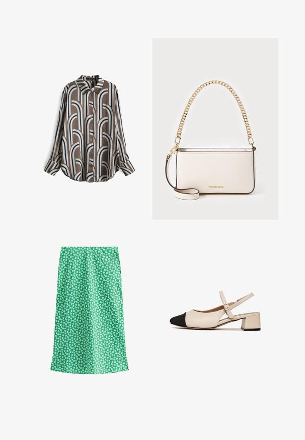 Button-up shirt made of smooth fabric featuring a brown background with alternating white and navy arch patterns, long sleeves, and a spread collar.; Green floral print skirt with a lightweight texture. Features small white flowers on a solid background, designed in a straight silhouette.; Beige leather slingback shoe with black toe cap, square heel, and adjustable ankle strap. Smooth texture and minimal design.; White leather handbag with a textured finish, featuring a gold chain strap and a detachable shoulder strap. Logo embossed at the front.; Gold rectangular wristwatch with a minimalist design, featuring a cream dial, gold hands, and a metal link bracelet. Markings include brand name.
