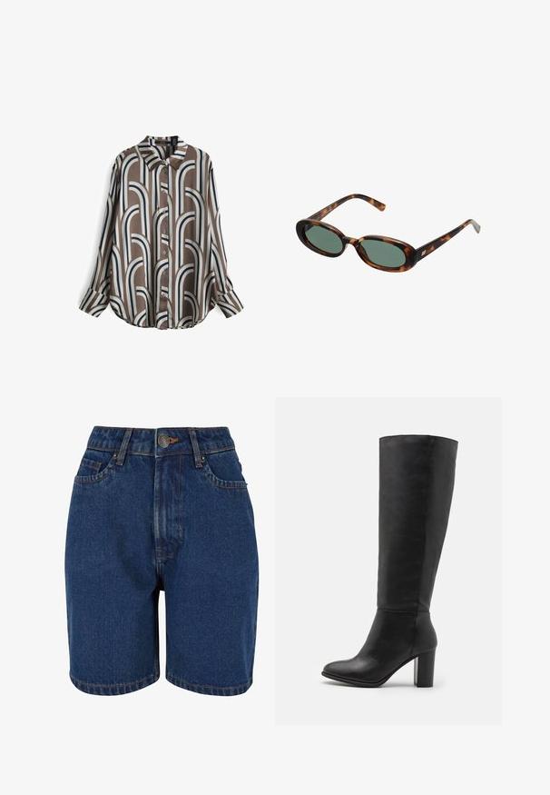 Hemd mit Knöpfen aus glattem Stoff, mit braunem Hintergrund und wechselnden weißen und marineblauen Bogenmustern, langen Ärmeln und einem umgeschlagenen Kragen.; Stoff mit schwarzen Gänsefüßchen auf einem hellbeigen Hintergrund. Das Design zeigt gleichmäßig verteilte, solide Kreise auf einer glatten Textur.; Denim-Shorts in dunklem Blau, mit hoher Taille, Fünf-Taschen-Design und kontrastierenden orangefarbenen Nähten. Der Stoff wirkt strukturiert.; Schwarze kniehohe Stiefel aus glattem Leder, mit einem stabilen Absatz und runder Zehenpartie. Minimalistisches Design ohne sichtbare Hardware oder Dekorationen.; Schildpatt-Sonnenbrille mit ovalen Rahmen und grünen Gläsern. Verfügt über dünne Bügel mit einem metallischen Akzent in der Nähe der Scharniere.; Silberne Creolen-Ohrringe, ein großes und ein kleines Paar. Glatte Oberfläche mit wellenförmigem Design und sicheren Verschlüssen.