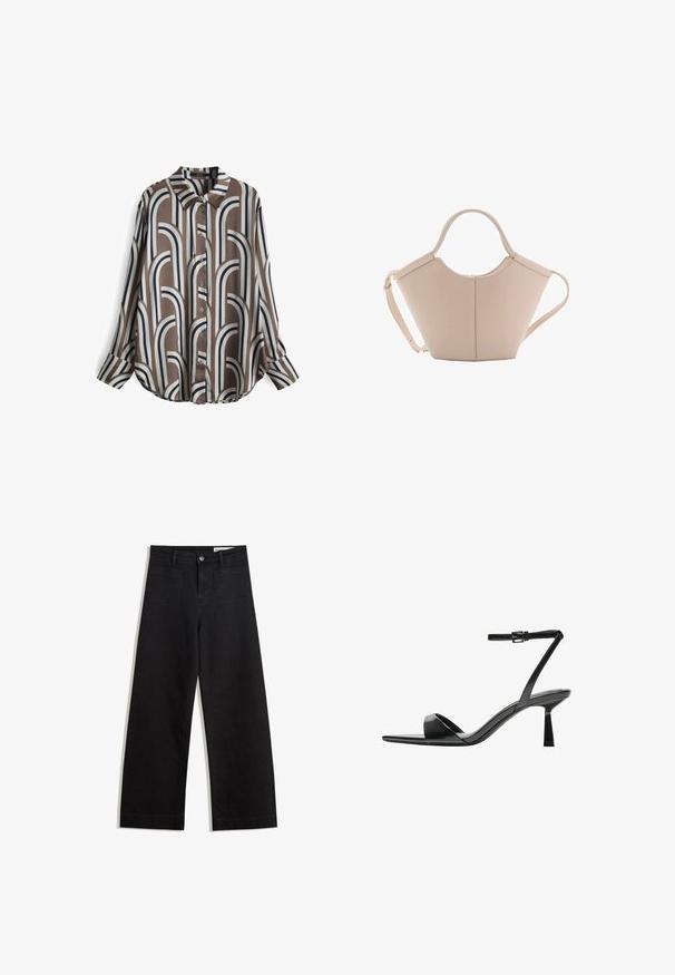 Button-up shirt made of smooth fabric featuring a brown background with alternating white and navy arch patterns, long sleeves, and a spread collar.; Black wide-leg denim pants with a high waist, featuring front and back pockets, stitched seams, and a button closure. Smooth texture.; Bershka High heeled sandals - black; Beige leather handbag with a unique shape, featuring two short handles and a long adjustable strap. Smooth texture with minimal hardware.