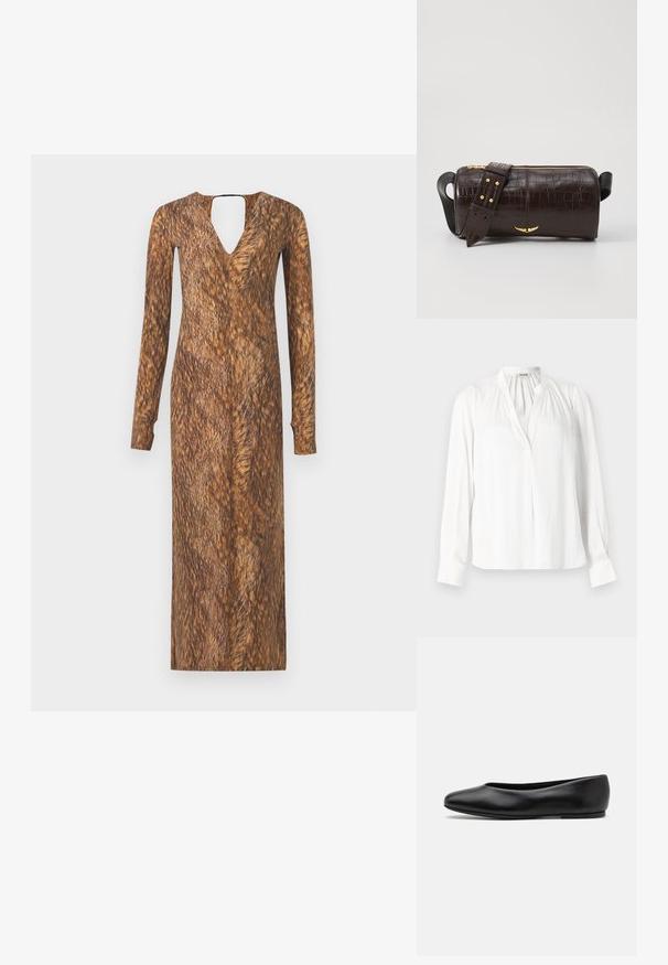 Witte blouse met lange mouwen, een Mandarin-kraag, geplooide halslijn en met knopen afgewerkte manchetten. Gemaakt van een gladde, lichte stof.; Lang mouw jurk met een V-hals en een sleutelgat achterkant, met een vachtachtige bruine textuur en patroon door de stof.; Paul Smith TOPANGA - Ballerina's - black; Bruine krokodil-embosserende leren tas met een cilindervorm, gouden hardware en een afneembare schouderband met studs.