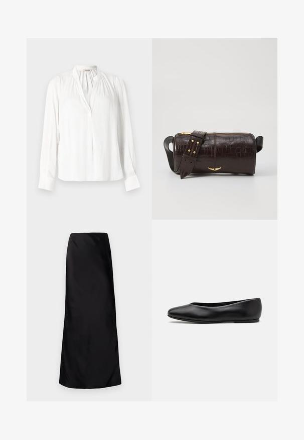 Weiße Bluse mit langen Ärmeln, Mandarin-Kragen, gefälteltem Ausschnitt und Knopfmanschetten. Hergestellt aus glattem, leichtem Stoff.; Norma Kamali BIAS OBIE SKIRT - Maxirock - black; Paul Smith TOPANGA - Klassischer Ballerina - black; Braune, krokodilgeprägte Lederhandtasche mit zylindrischer Form, goldfarbener Hardware und einem abnehmbaren Tragegurt mit Nieten.