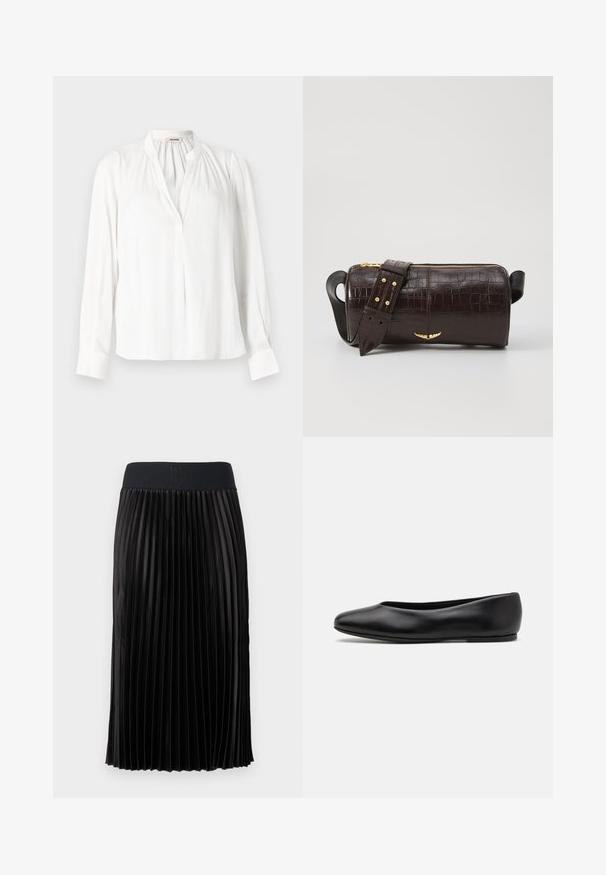 White long-sleeve blouse with a mandarin collar, pleated neckline, and buttoned cuffs. Made from smooth, lightweight fabric.; Black pleated skirt with a smooth texture, featuring a wide black waistband embossed with "HUGO." Knee-length design.; Paul Smith TOPANGA - Ballet pumps - black; Brown crocodile-embossed leather bag with a cylindrical shape, gold-tone hardware, and a detachable strap featuring studs.