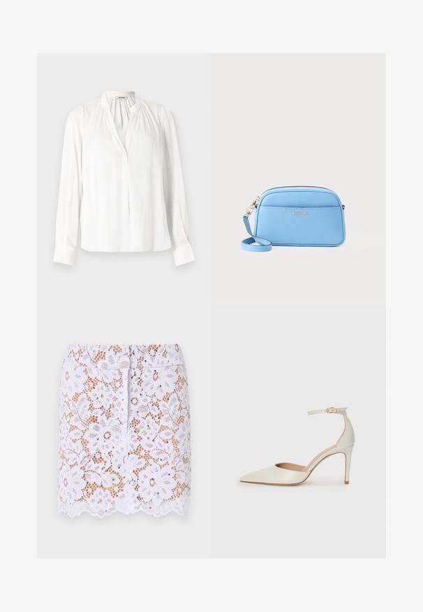 Bluză albă cu mânecă lungă și guler mandarin, cu decolteu plisat și manșete cu nasturi. Fabricată dintr-un material fin și ușor.; Fustă albă din dantelă cu model floral, tiv ondulat și broderii discrete. Prezintă un design mulat și fermoar ascuns la spate.; Pantofii înalți din piele albă, cu vârf ascuțit, curea la gleznă și toc subțire de tip stiletto. Textură netedă cu un finisaj subtil lucios.; Geantă de umăr din piele albastru deschis, cu accente aurii, închidere cu fermoar și un buzunar frontal. Dispune de o curea ajustabilă pentru confort.