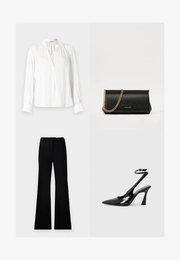 Blusa bianca a maniche lunghe con colletto alla cinese, scollatura plissettata e polsini con bottoni. Realizzata in un tessuto morbido e leggero.; Pantaloni neri svasati con una texture liscia, vita sagomata e tasche frontali, progettati con un profilo elegante e moderno.; Slingback eleganti in pelle verniciata nera con punta appuntita, cinturino alla caviglia regolabile e tacco quadrato moderato. Texture liscia con finitura lucida.; Clutch bag in pelle nera con tracolla in catena dorata, caratterizzato da una superficie liscia, forma rettangolare e branding in rilievo sul davanti.