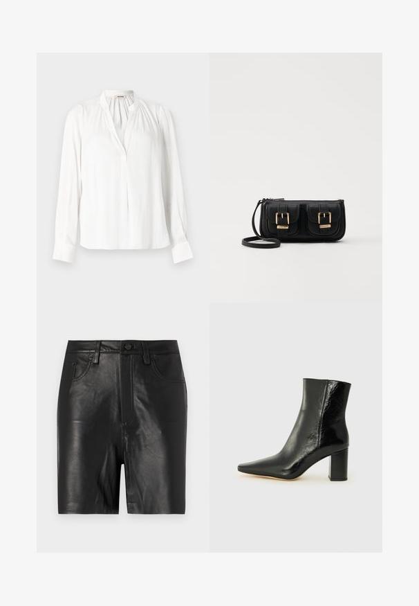 Balta ilga rankovė bluzonė su mandarinų apykakle, raukšlėta iškirpte ir sagčių rankovėmis. Pagaminta iš sklandaus, lengvo audinio.; Juodi odiniai šortai su lygiu paviršiumi, su priekiu užtraukiama užtrauktuku, mygtuko uždarymu ir klasikiniu penkių kišenių dizainu.; Juodos kulkšninių botai, pagaminti iš blizgaus odos, su smailiu nosiu ir storo kvadratinio kulno. Išsiskiria lygiu paviršiumi ir minimalizmo stiliumi.; Juodas odinis per petį nešiojamas krepšys su dviem priekiniais kišenėmis, auksiniais sagtimis, užtrauktuko uždarymu ir siauromis petnešomis. Textūruota paviršius ir kompaktiškas stačiakampis formatas.