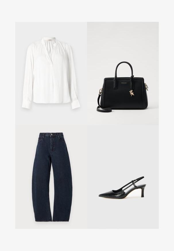 Vit långärmad blus med mandarin-krage, veckad halsringning och knappade manschetter. Tillverkad av ett mjukt, lätt tyg.; Höga, vida jeans i mörkblå denim. Har ett knappstängning, fem fickor och subtil textur. Inga synliga mönster eller detaljer.; Svart lackskin slingback-häl med spetsig tå, med texturerad ormskinnsprint, justerbar rem och en kort, texturerad blockklack.; Svart läderhandväska med strukturerad design, dubbla handtag ovanpå, avtagbar axelrem, guldfärgade detaljer och en logocharm som accent.