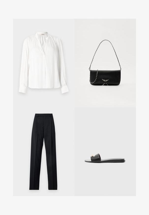 White long-sleeve blouse with a mandarin collar, pleated neckline, and buttoned cuffs. Made from smooth, lightweight fabric.; Black trousers made from smooth fabric featuring a high waist, wide legs, front pleats, and classic belt loops. No side pockets visible.; Black slide sandals with a wide upper, smooth leather texture, open toe design, and gold accent detail on the strap. Flat sole.; Black leather handbag with a silver chain strap, featuring decorative wing accents and white stitching along the bottom seam.