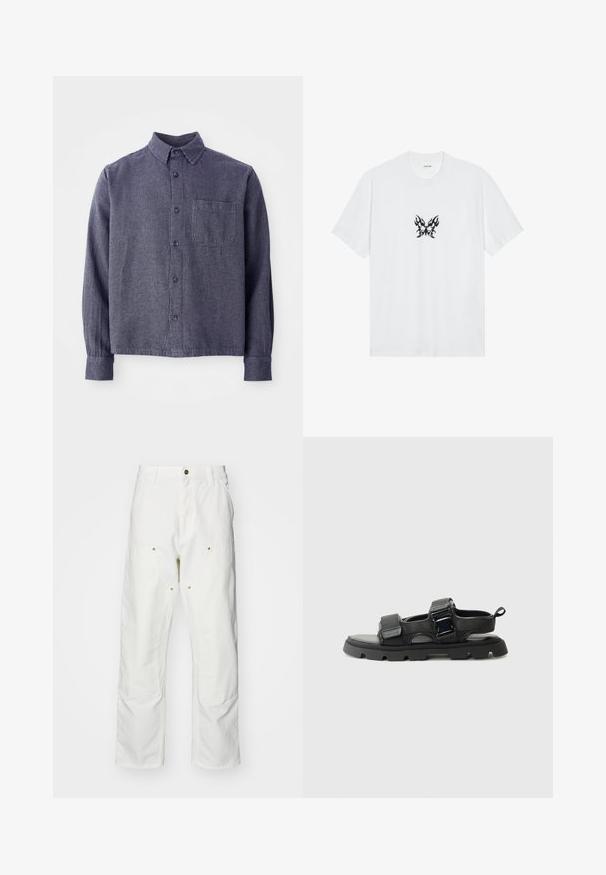 Pánská námořnická kostkovaná košile na knoflíky, lehká látka, límec s rozpětím, dlouhé rukávy, jedno náprsní kapsa a knoflíková délkou uzávěr.; Bílý bavlněný tričko s krátkými rukávy a kulatým výstřihem. Obsahuje centrální černou grafiku motýla se vzorem plamenů. Hladká textura.; Bílé bavlněné cargo kalhoty s volným střihem. Vlastnosti zahrnují přední kapsy, zlaté kovové detaily a zpevněné oblasti na kolenou.; Černé sandály s vláknitým svrškem, širokými pásky, kovovými sponami a silnou gumovou podrážkou se vzorem lug.