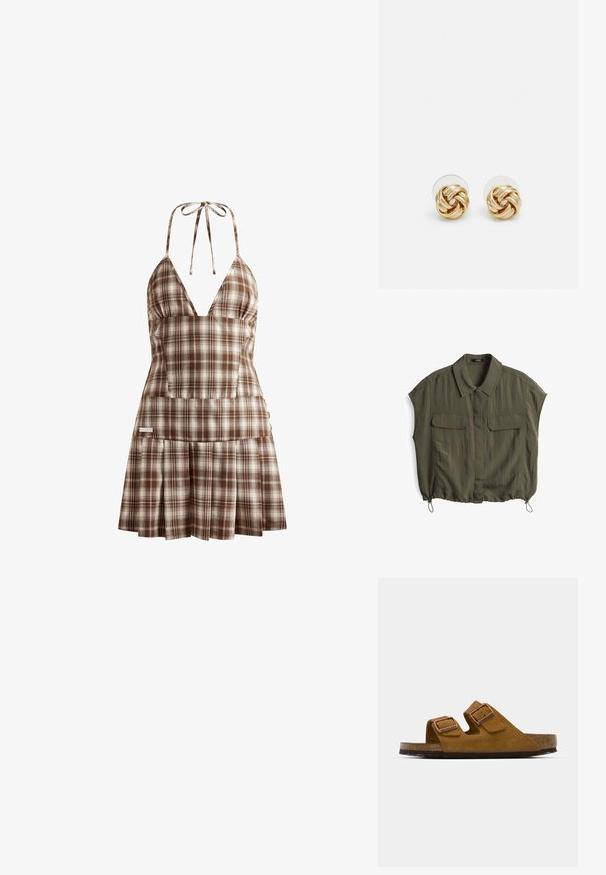 Olive green short-sleeve shirt with a collared neck, two front pockets, and adjustable drawstring hem. Made from a lightweight, wrinkled fabric.; House of Sunny THE HOXTON CHECK DRESS - Day dress - multi-colored; Brown suede sandals with two adjustable buckles, cork footbed, and textured rubber sole. Open-toe and slip-on design for comfort.; Black leather handbag with a structured design, top handle, detachable shoulder strap, and gold-toned hardware. Features a front clasp closure.; Gold-tone knot stud earrings with a twisted design. Each earring features a circular clear backing for secure wear.