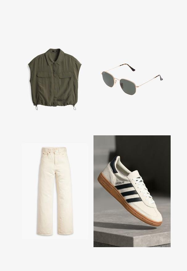 Oliwkowa koszula z krótkim rękawem, z kołnierzykiem, dwiema przednimi kieszeniami i regulowanym ściągaczem u dołu. Wykonana z lekkiego, pomarszczonego materiału.; Beżowe jeansy szerokie z bawełnianego dżinsu. Cechy obejmują wysoki stan, zapięcie na guzik oraz pięć kieszeni. Gładka, trwała tekstura.; Białe zamszowe sneakersy z granatowymi paskami, gumową podeszwą, teksturowaną górą, okrągłym noskiem i sznurowaniem; posiadają logo po boku i na języku.; Złote okulary przeciwsłoneczne w stylu aviatora z ciemnozielonymi soczewkami, z wąskimi ramionami i akcentami w panterkę na końcach.