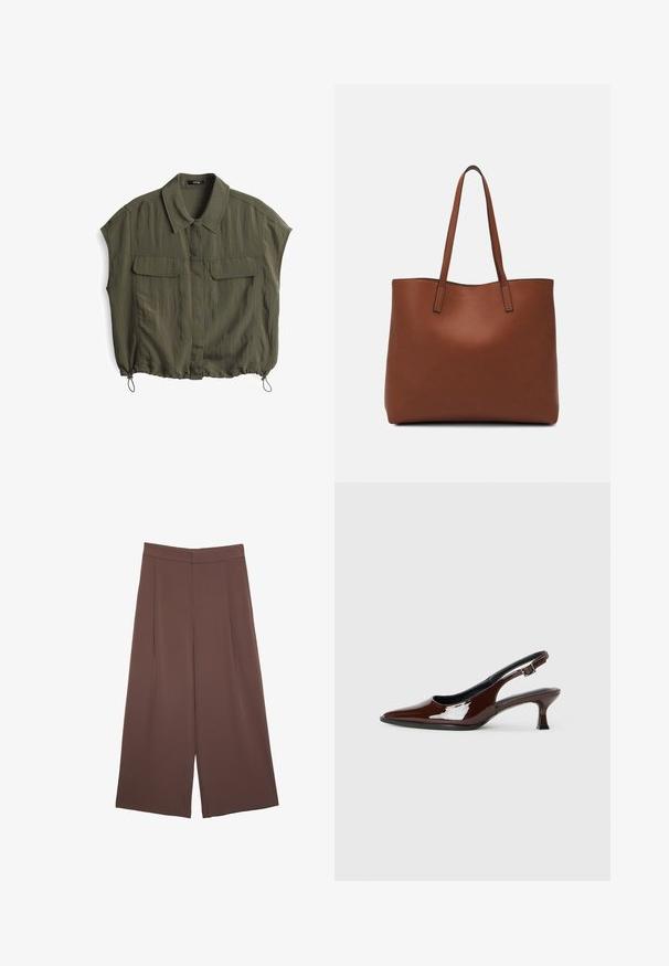 Camicia a maniche corte verde oliva con colletto, due tasche frontali e orlo regolabile con cordino. Realizzata in un tessuto leggero e stropicciato.; Pantaloni ampi marroni con una texture liscia, caratterizzati da una vita alta e pieghe frontali. Il tessuto è leggero e scorre liberamente.; Scarpa slingback in pelle verniciata marrone con punta affusolata e tacco moderato. Presenta una fascia con fibbia per una calzata sicura. Tessuto liscio.; Borsa tote in pelle marrone con texture liscia, design con apertura superiore e due spallacci. Presenta cuciture minime e nessun hardware visibile.
