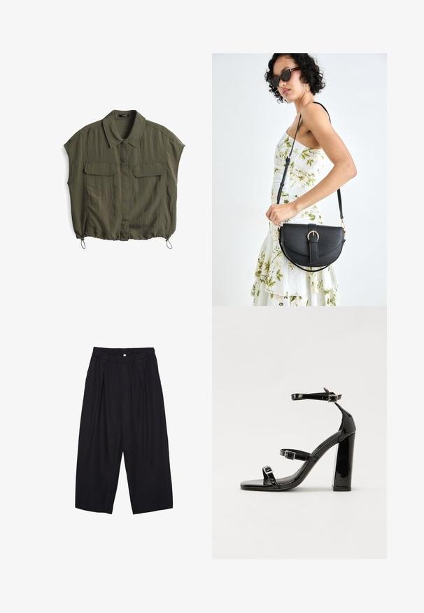 Camicia a maniche corte verde oliva con colletto, due tasche frontali e orlo regolabile con cordino. Realizzata in un tessuto leggero e stropicciato.; Pantaloni culotte neri in poliestere con una cintura elastica, due pieghe frontali e una silhouette ampia. Nessun motivo visibile o dettagli in metallo.; Sandali con tacco in vernice nera, con punta squadrata, cinturini alla caviglia e fibbie in argento. Presentano un tacco a blocco spesso per maggiore stabilità.; Borsa a tracolla nera in pelle con una forma curva, manico rimovibile e accessori dorati. La borsa presenta una patta con un dettaglio a fibbia.