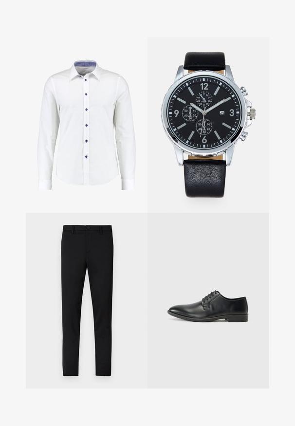 Witte langemouwen shirt met een button-down kraag, voorzien van blauwe accentknopen en een blauw geruit patroon aan de binnenkant van de kraag.; Zwarte strakke broek met een gladde textuur, knoopsluiting, riemlussen, en zonder zichtbare patronen of accenten.; Zwarte leren veterschoenen met een gladde afwerking, puntige neus en lage blokhak. Voorzien van vijf paar oogjes voor de veters.; Zwarte leren horlogeband met een zilveren roestvrijstalen kast. Zwarte wijzerplaat met witte uurmarkeringen, zilveren wijzers en drie sub-dials.