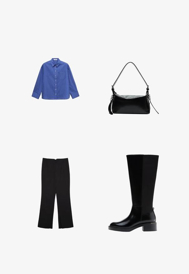 Langarmhemd mit blauen Streifen, Knopfkragen, Brusttasche und abgerundetem Saum. Hergestellt aus glattem Stoff mit vertikalen Linien.; Schwarze Hose mit geradem Schnitt, ausgestattet mit Fronttaschen und Seitenschlitzen am Saum. Hergestellt aus weichem, glattem Stoff. Geeignet für verschiedene Anlässe.; Schwarzer kniehoher Stiefel aus glattem Leder, mit markanten Nähten, klobigem Absatz und einer strukturierten Rückseite für zusätzlichen Akzent.; Schwarze Ledertasche mit einem gewölbten Schultergurt, glatter Textur, rechteckiger Form, Reißverschluss und Akzenten aus silbernem Metall.