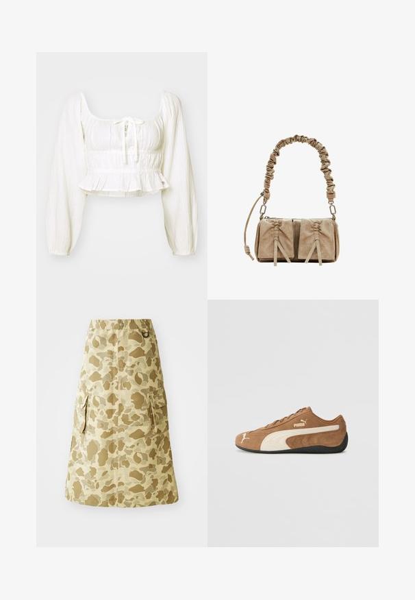 Witte, gestructureerde cropped top met een vierkante halslijn, lange pofmouwen en een trekkoord. Geraffineerde taille met een rucheszoom.; Khaki rok met een camouflagepatroon, gemaakt van een glad materiaal, met een elastische tailleband en twee zijzakken.; Bruine suède low-top sneakers met crèmekleurige accenten, een gestructureerd oppervlak, een zwarte rubberen zool en een geborduurd logo aan de zijkant en op de tong.; Beige suede handtas met een gathered stofhandvat, twee voorkanten met cinched sluitingen en subtiele textuurelementen.