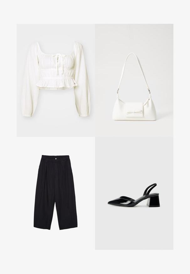 Biely textúrovaný skrátený top so štvorcovým výstrihom, dlhými volánovými rukávmi a šnúrkou na stiahnutie. Sťahovaný pás s volánovým lemom.; Čierne polyesterové culotte nohavice s elastickým pásom, dvoma prednými záhybmi a voľným strihom. Žiadne viditeľné vzory ani detaily z kovu.; Čierne lakované kožené sandálové podpätky s špicatou špičkou a geometrickým blokovým podpätkom. Disponujú elegantným, minimalistickým dizajnom a hladkým povrchom.; Biela syntetická kabelka s trojuholníkovým tvarom, plochým predným klapkou a detailom mašle, nastaviteľným popruhom, hladkou textúrou a minimalistickým dizajnom.