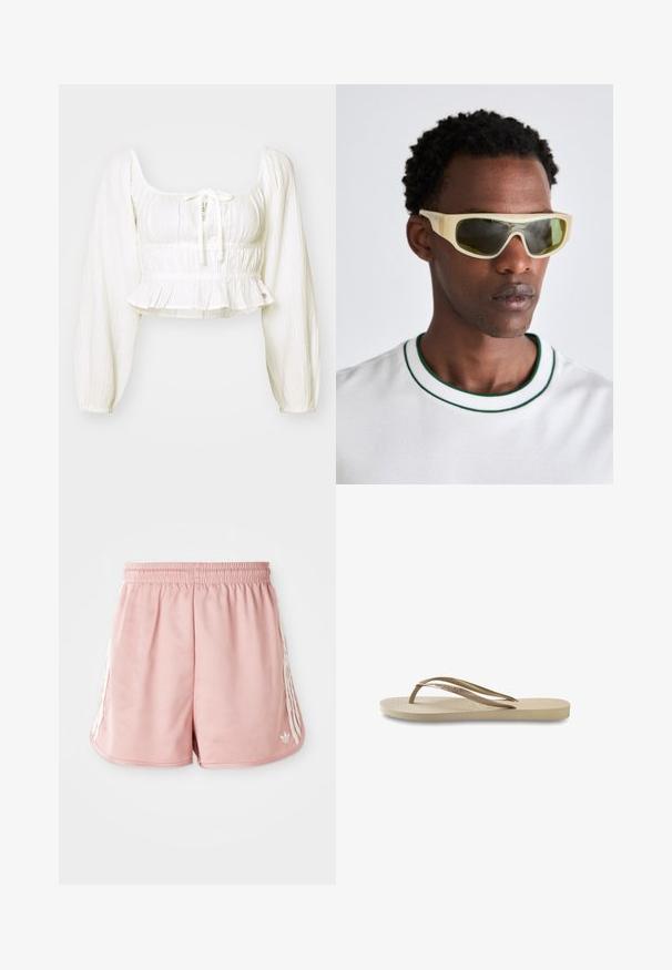 Biały, fakturowany krótki top z kwadratowym dekoltem, długimi bufiastymi rękawami i sznurkiem do wiązania. Guma w pasie z falbaną na dole.; Różowe sportowe spodenki z elastycznym pasem, z białymi paskami po bokach oraz małym logo na dolnej lewej przedniej części. Gładka tekstura materiału.; Jasno beżowe klapki z teksturowaną wkładką, płaską podeszwą i cienkimi, błyszczącymi paskami. Posiadają subtelne oznakowanie na pasku.; Okulary przeciwsłoneczne z przezroczystą żółtą oprawką i zielonymi szkłami. Kanciasty design z szerokimi zausznikami, noszone z białą koszulą z zielonymi akcentami.; Woven straw basket bag with brown leather accents, two handles, and a detachable strap. Curved shape with a sturdy base.; Kolorowy naszyjnik z koralików z żółtymi, pomarańczowymi, różowymi i zielonymi, morskimi zawieszkami, w tym rybami i muszlami, na łańcuchu w złotym kolorze.