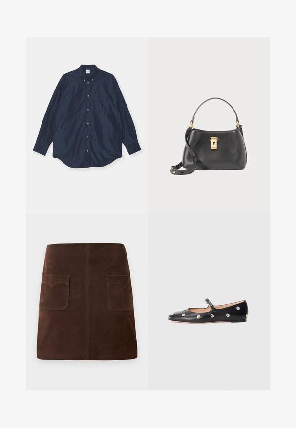 Granatowa koszula z długim rękawem na guziki, o satynowej teksturze, zawierająca jedną kieszeń na piersi i okrągły dół. Posiada guzikowy kołnierzyk oraz mankiety.; Brązowa zamszowa spódnica w klasycznym kształcie A, z dwiema przednimi kieszeniami z zaokrąglonymi klapami i subtelnymi detalami szewnymi.; Czarne skórzane buty typu Mary Jane na płaskim obcasie z zaokrąglonym czubkiem, ozdobione srebrnymi okrągłymi ćwiekami oraz regulowanym paskiem z klamrą.; Czarna skórzana torebka o teksturowanym wykończeniu, z zamknięciem na złoty zamek, krótkim uchwytem i odczepianym paskiem na ramię.