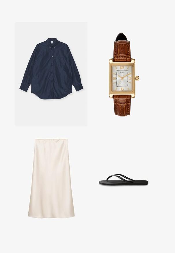 Marineblaue Langarm-Button-up-Bluse mit satinähnlicher Textur, enthält eine einzelne Brusttasche und einen abgerundeten Saum. Verfügt über einen geknöpften Kragen und Manschetten.; Schwarzes T-Shirt mit kurzen Ärmeln aus Baumwolle, mit Rundhalsausschnitt und zwei kleinen weißen Logos, die in der Mitte auf der Vorderseite platziert sind. Glatte Textur.; Satin-Midirock in Off-White, gerader Schnitt mit einem elastischen Bund, glatte Textur und ohne sichtbare Muster oder Akzente.; Schwarze Flip-Flops mit einer strukturierten Gummisohle, zwei schlanken Riemen und einem dezenten, geprägten Logo-Detail auf dem Riemen.; Casio Quarz-Uhr mit rechteckigem Gehäuse in Goldfarbe, weißem Ziffernblatt, goldenen Stundenmarkierungen und braunem Lederarmband im Krokodil-Design. Wasserfest.