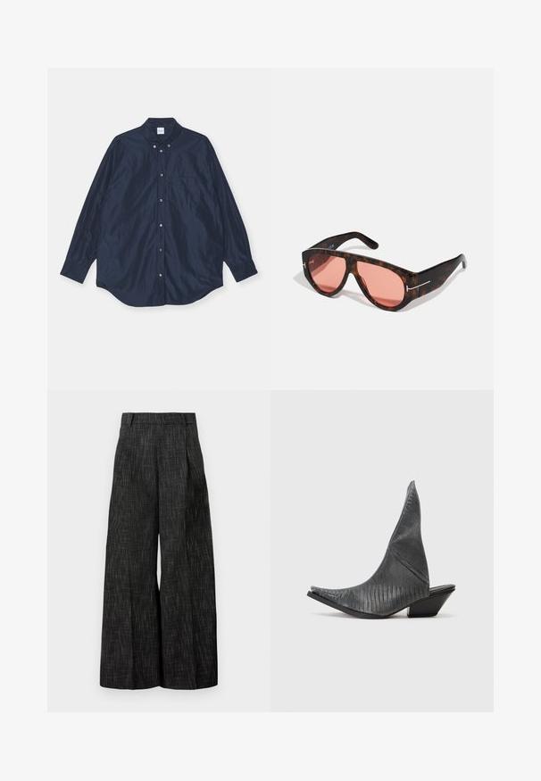 Camicia a maniche lunghe blu navy, con una texture simile alla seta, dotata di una tasca singola sul petto e orlo arrotondato. Presenta colletto e polsini con bottoni.; Pantaloni neri a gamba larga con un motivo a trama e pieghe, dotati di una vita tailored e di un taglio raffinato, con dettagli minimi.; Mule nere con tacco alto e punta affusolata, caratterizzate da una texture a motivo serpente. Presentano un tacco triangolare basso e un design superiore curvo e liscio.; Occhiali da sole tartarugati con lenti rosa, caratterizzati da un audace design angolare e sottili dettagli in metallo argentato sulla montatura.
