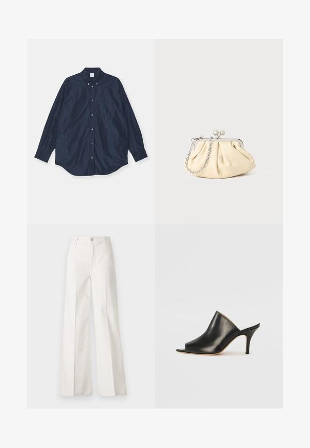 Temno modra dolga srajca z gumbi, satenski videz, vključuje en sam žep na prsih in zaobljen rob. Ima gumbnico na ovratniku in manšetah.; Bele široke hlače iz bombaža z gladko teksturo. Imajo gumb spredaj, zadrgo in zasnovo z štirimi žepi.; Črne usnjene mule z odprtim prstom, z elegantno, ukrivljeno zasnovo, visokim stiletto peto in gladko teksturo. Notranjost je v kontrastni svetli barvi.; Zavihani bež usnjeni nahrbtnik s srebrnim kovinskim okvirom, ki ima dve okrogli okrasni zaponki in srebrno verižico.