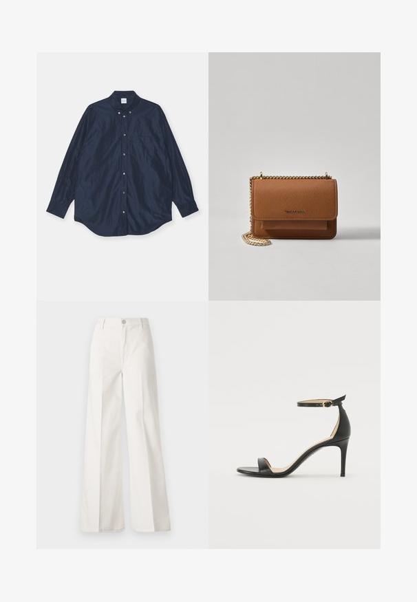 Námořnická modrá košile s dlouhým rukávem a knoflíkovým zapínáním, saténová textura, obsahuje jednu náprsní kapsu a kulatý lem. Má knoflíkový límec a manžety.; Bílé volné kalhoty vyrobené z bavlny s hladkou texturou. Obsahují přední knoflík, zip a design se čtyřmi kapsami.; Černá kožená sandálová bota na vysokém podpatku s páskem kolem kotníku. Vyznačuje se hladkým povrchem, otevřenou špičkou a tenkým podpatkem. Detail v zlatém tónu na sponě.; Hnědá texturovaná kožená kabelka přes rameno se zlatým řetízkovým popruhem a klopnovým uzavíráním. Přední strana obsahuje detail loga a kapsu pod klopou.